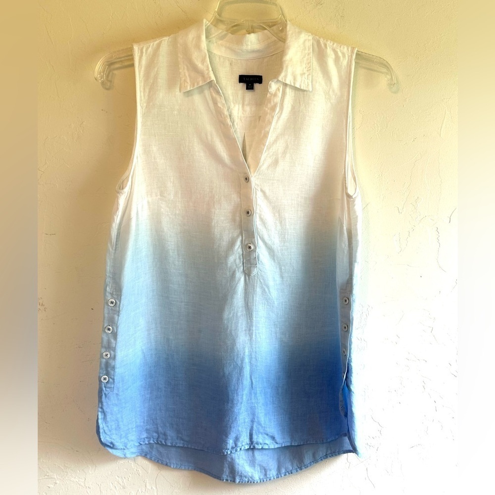 Talbot’s 100% Linen Beachy Sleeveless Ombre Blue V-
Neck Side Top Sz M